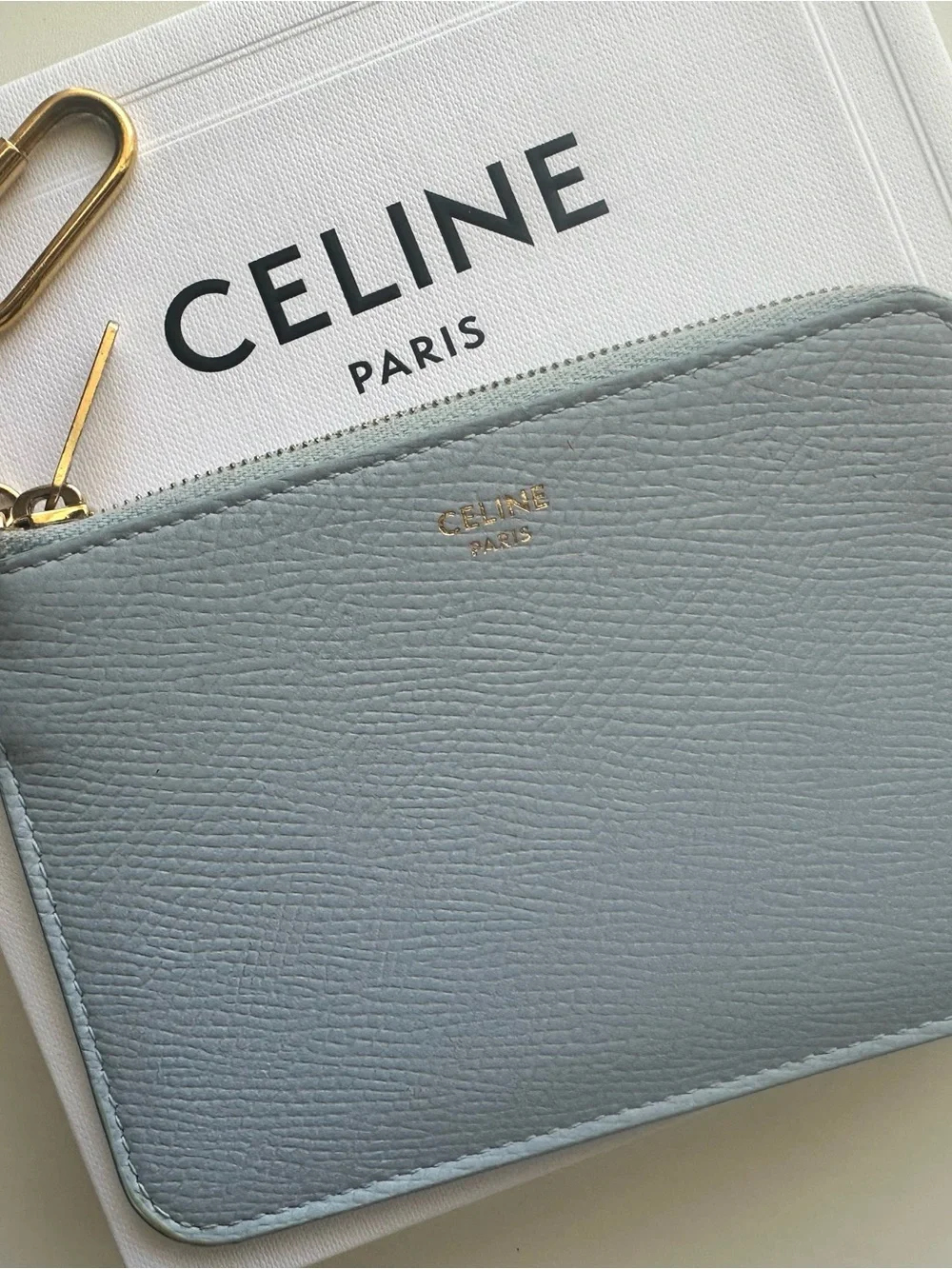 CELINE Light Blue Grained Calfskin Zip Card and Coin Pouch with hook